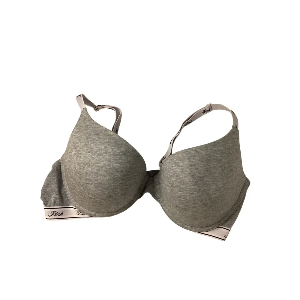 Victorias Secret‎ PINK Wear Everywhere T-Shirt Bra Gray Logo Band 38D Underwire